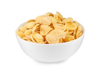 Photo of Bowl of sweet crispy corn flakes on white background. Breakfast cereal