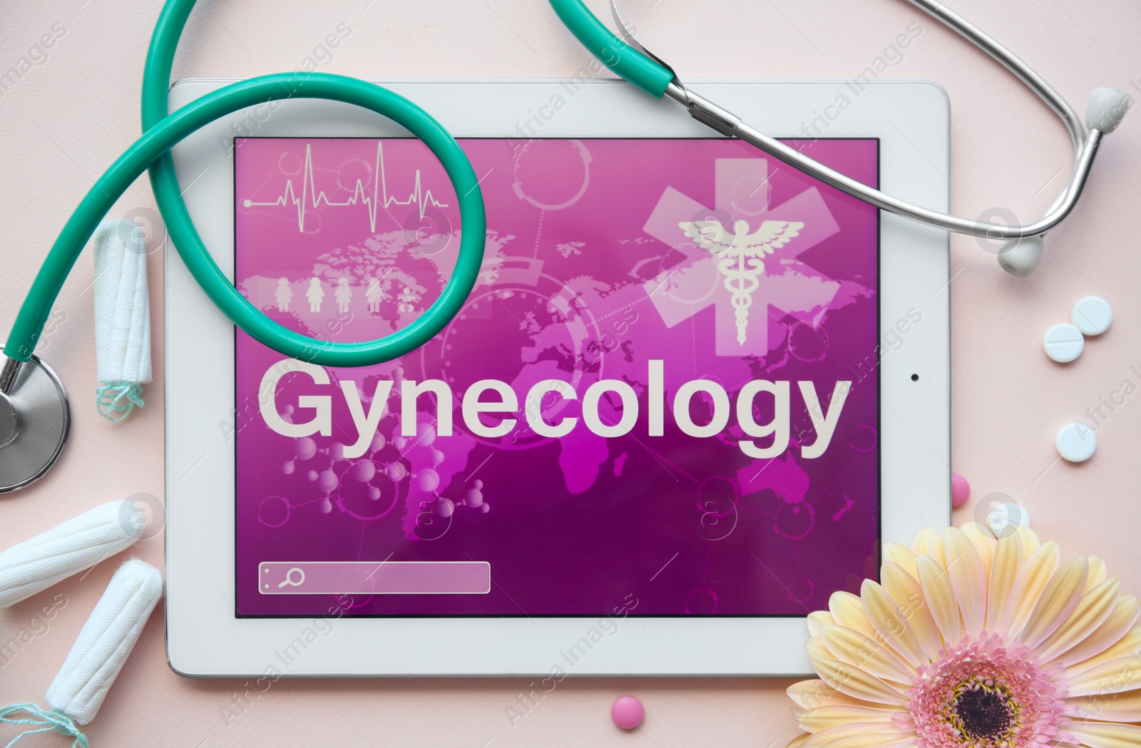 Photo of Flat lay composition with stethoscope, flower and tampons on color background. Gynecological checkup