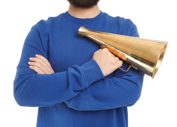 Man with megaphone on white background, closeup