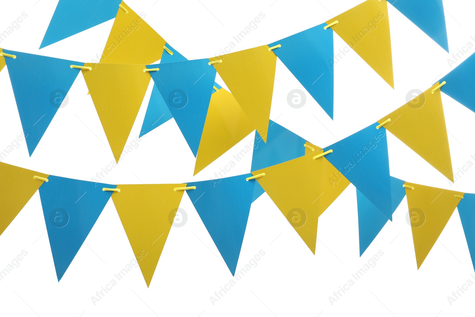 Photo of Rows of triangular bunting flags on white background. Festive decor