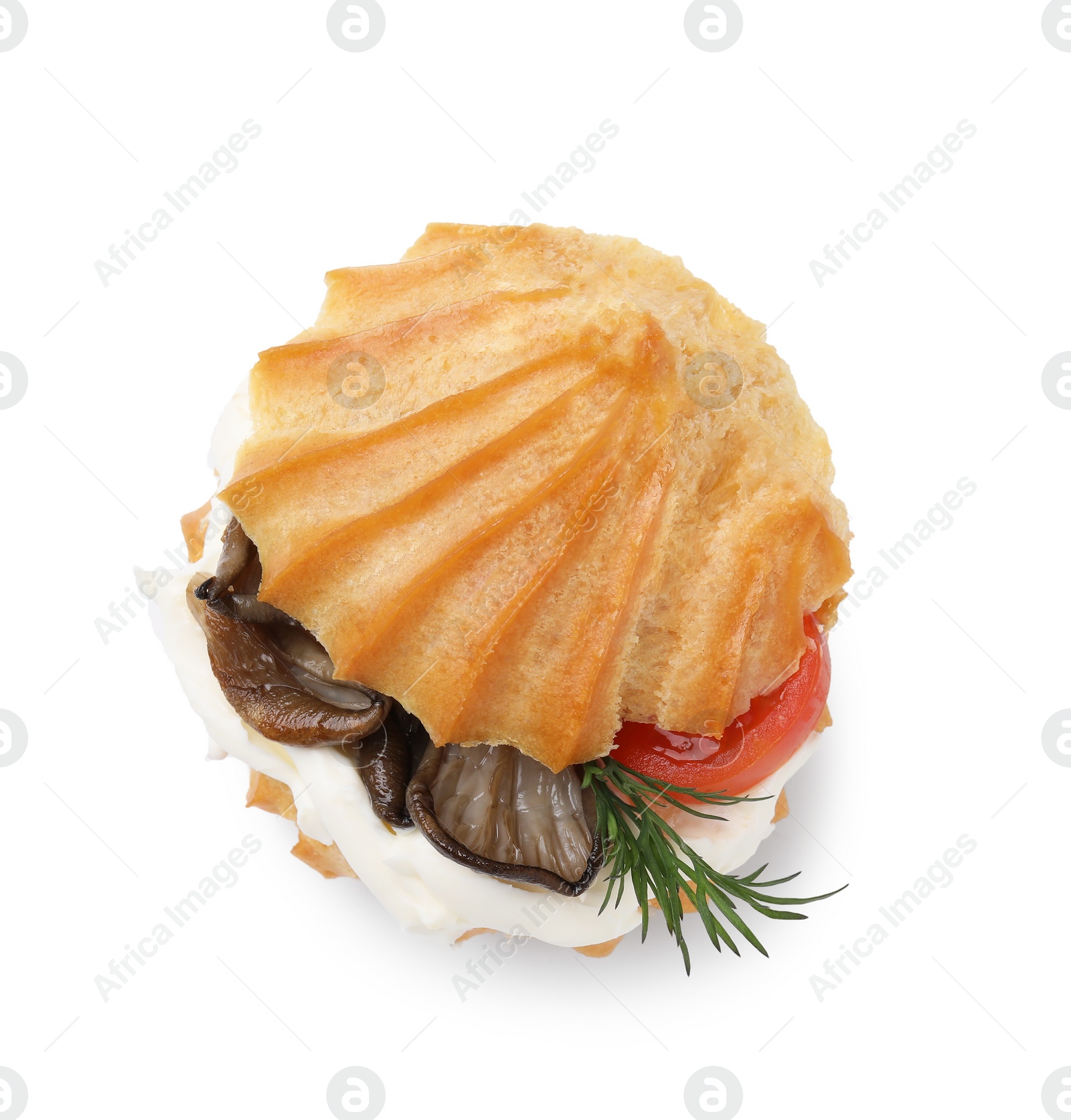 Photo of Delicious profiterole with cream cheese, mushrooms, tomato and dill isolated on white, top view