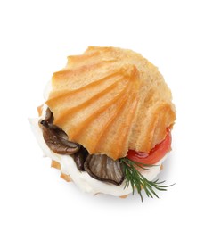 Photo of Delicious profiterole with cream cheese, mushrooms, tomato and dill isolated on white, top view