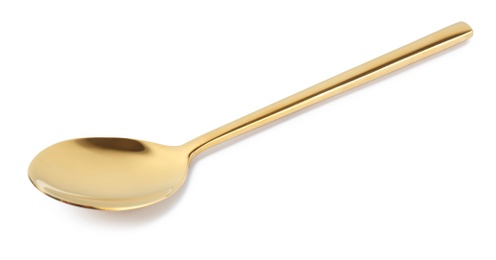 Photo of Stylish clean gold spoon on white background