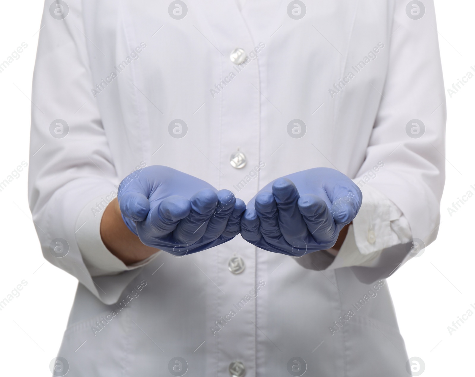 Photo of Doctor holding something on white background, closeup