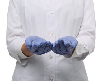 Photo of Doctor holding something on white background, closeup