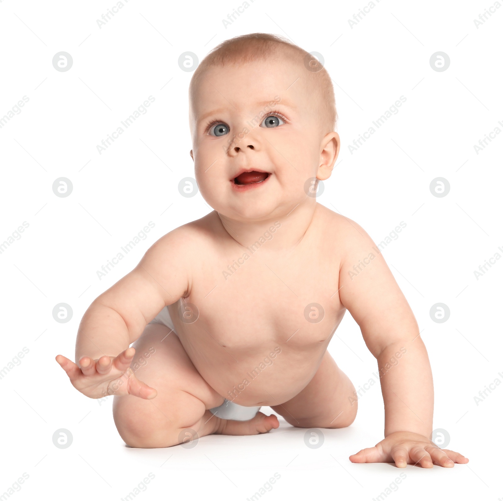 Photo of Cute little baby crawling on white background