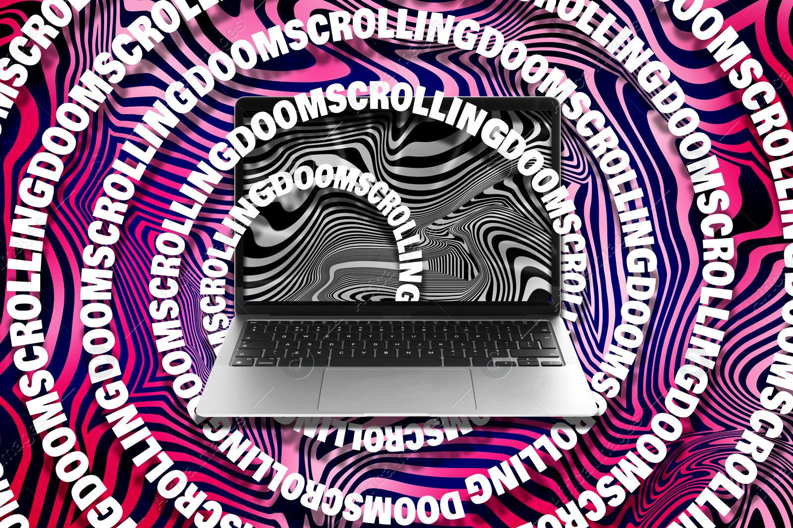 Image of Doomscrolling concept. Words swirling out from laptop on bright background