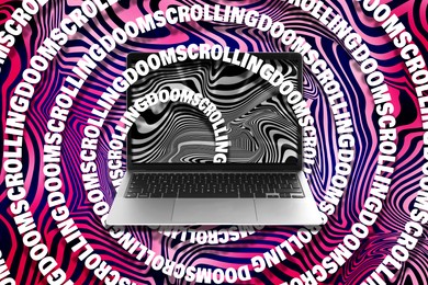 Image of Doomscrolling concept. Words swirling out from laptop on bright background