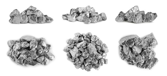 Image of Set of silver nuggets on white background