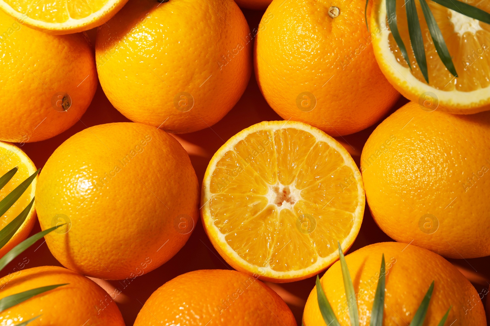 Photo of Tasty ripe fresh oranges and leaves as background, top view