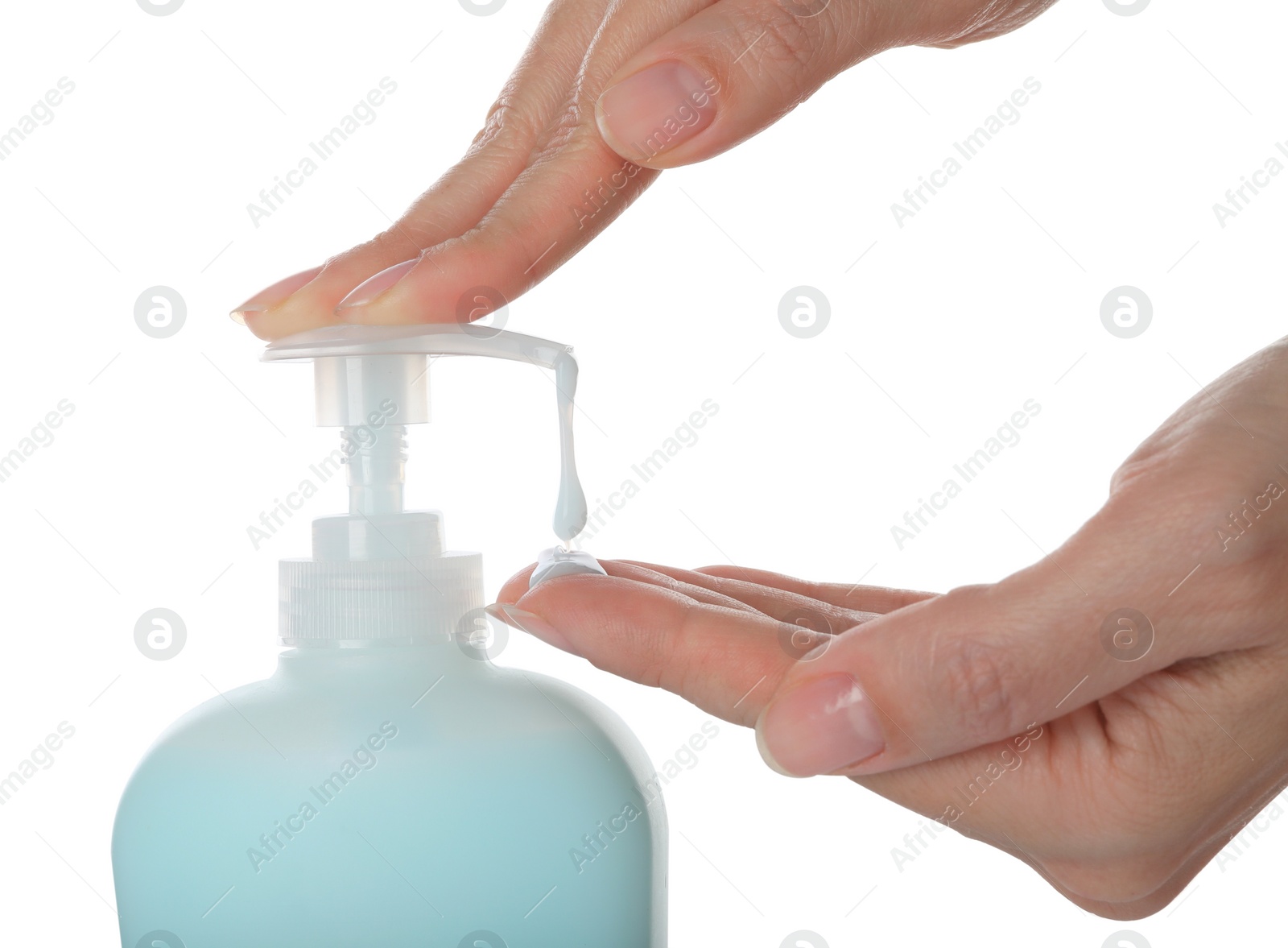 Photo of Woman using liquid soap dispenser on white background, closeup