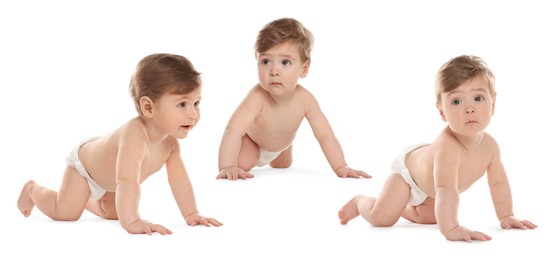 Collage with photos cute little baby crawling on white background. Banner design