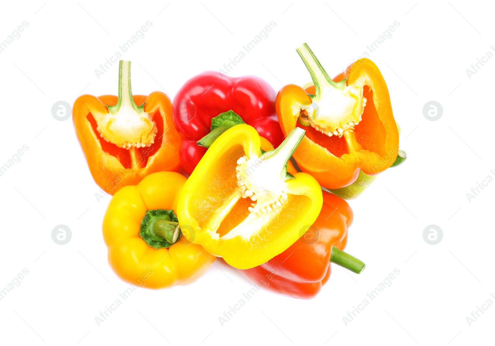 Photo of Whole and cut bell peppers on white background, top view