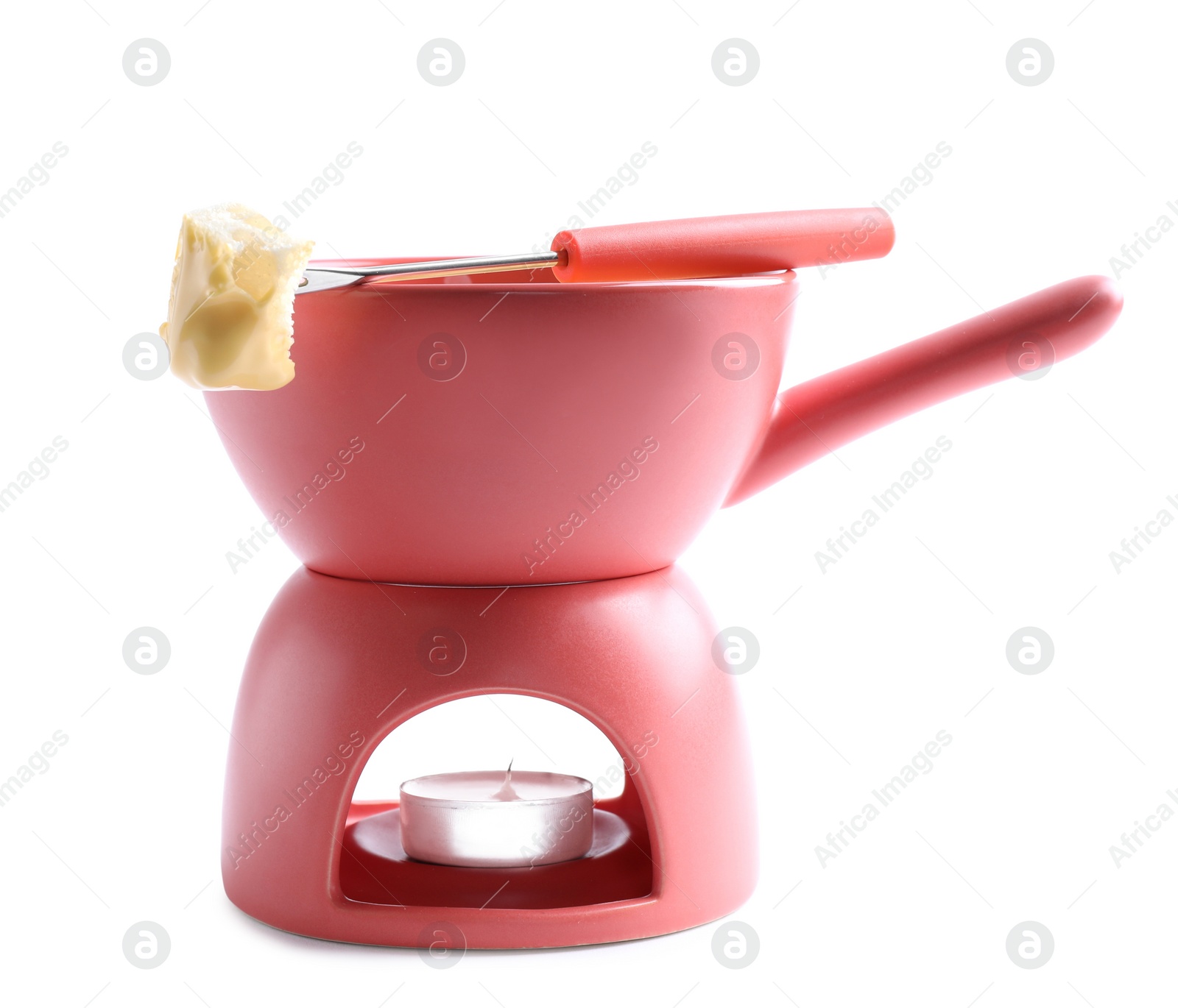 Photo of Pot of delicious cheese fondue and fork with bread on white background