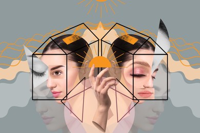 Stylish creative artwork. Portrait of beautiful woman made with cut photos of different faces, hand and geometric figures on color background
