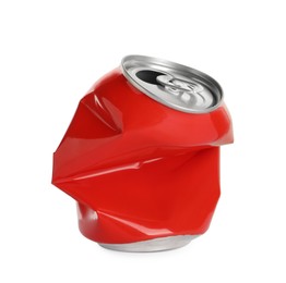 Photo of Red crumpled can with ring isolated on white