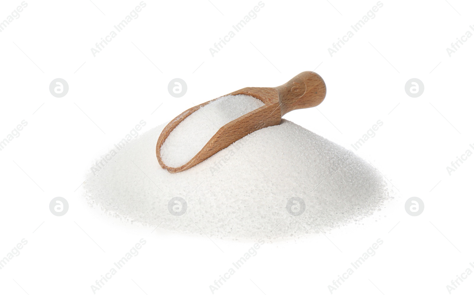 Photo of Wooden scoop with salt isolated on white