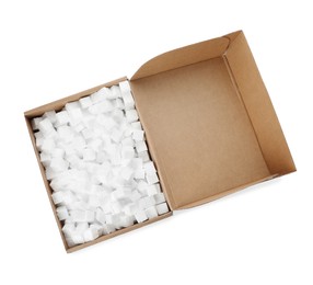 Photo of Cardboard box with styrofoam cubes isolated on white, top view