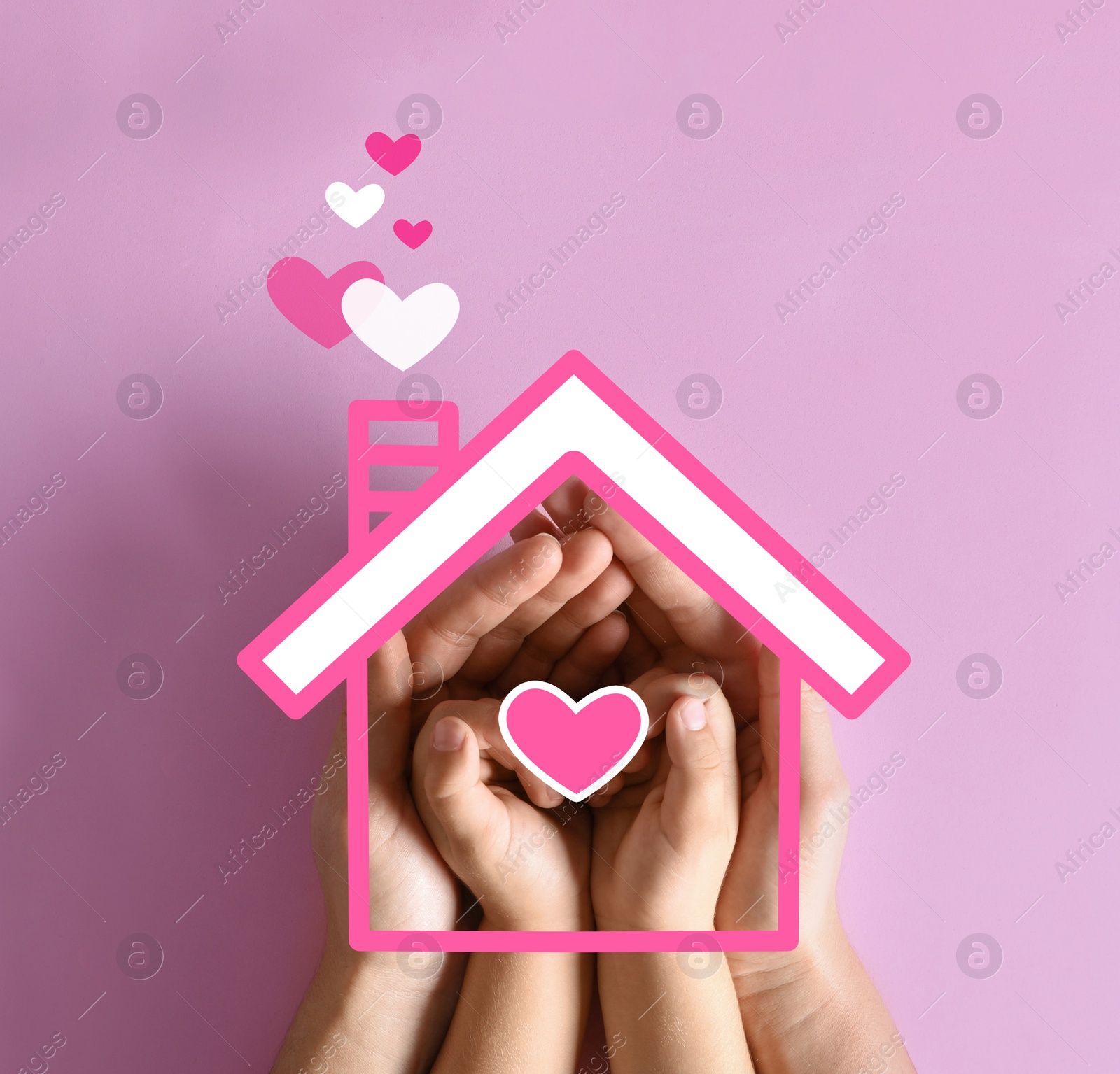 Image of Mother holding hands with child and illustration of house on pink background, top view.  Adoption concept