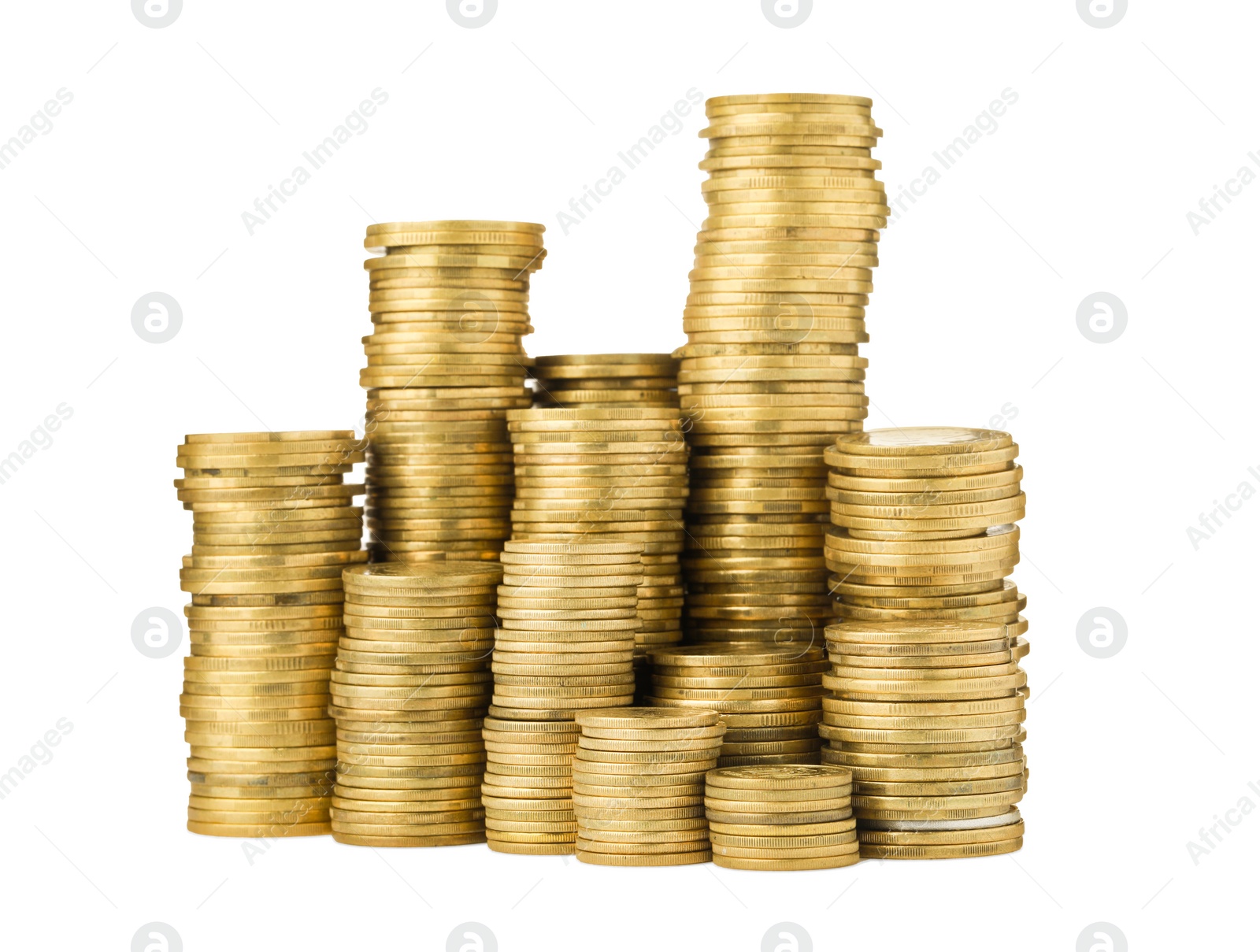 Photo of Many golden coins stacked on white background