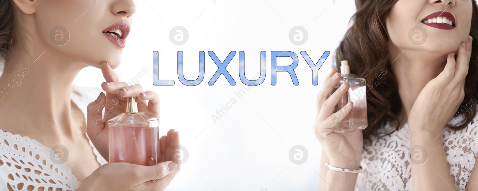 Image of Beautiful young women with luxury perfume on white background. Banner design