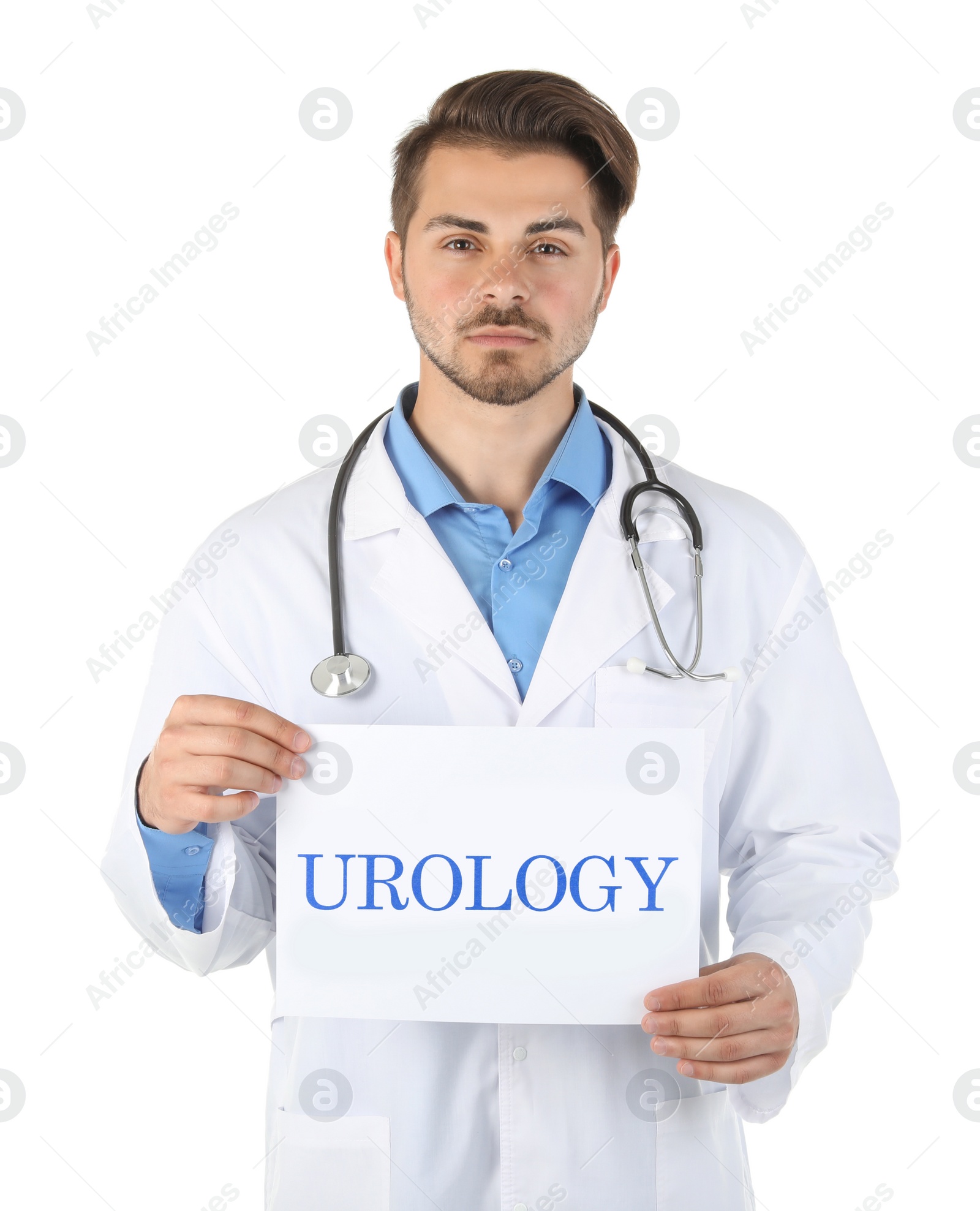 Photo of Male doctor holding paper with word UROLOGY on white background