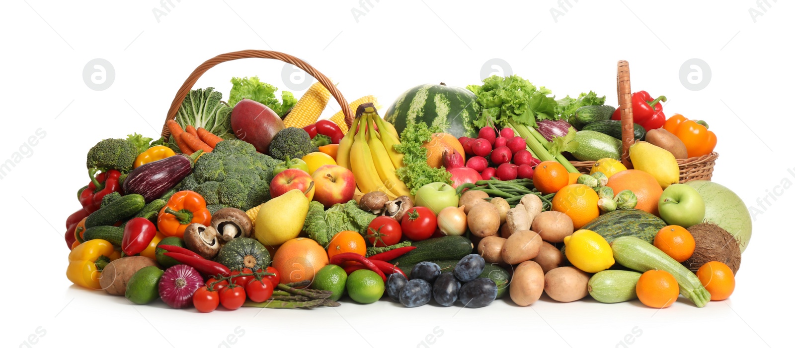 Photo of Assortment of fresh organic fruits and vegetables on white background