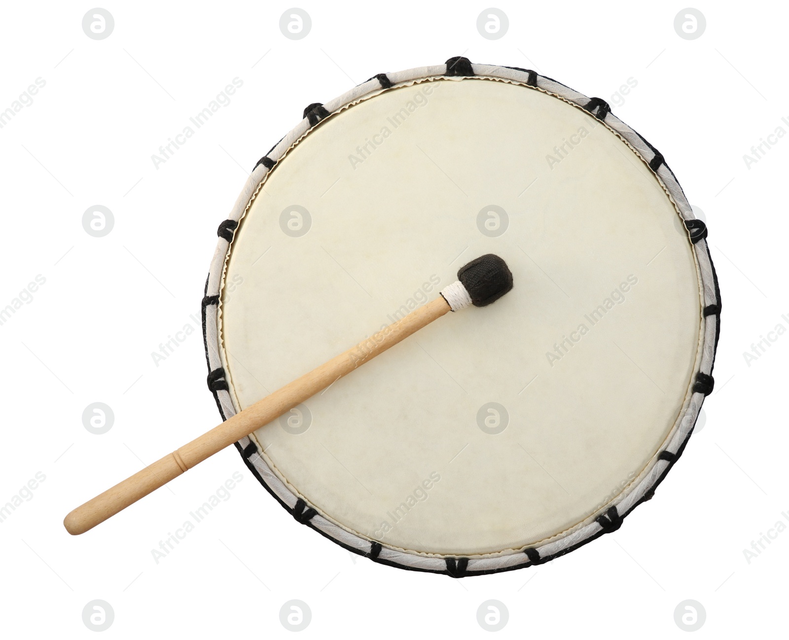 Photo of Modern drum with drumstick isolated on white, top view
