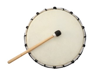Modern drum with drumstick isolated on white, top view