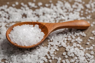 Photo of Spoon with natural sea salt on wooden table, closeup