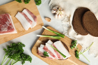 Flat lay composition with pork fatback sandwich and ingredients on stone background