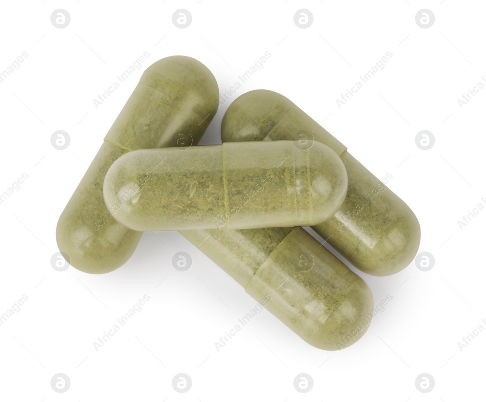 Photo of Vitamin capsules isolated on white, top view