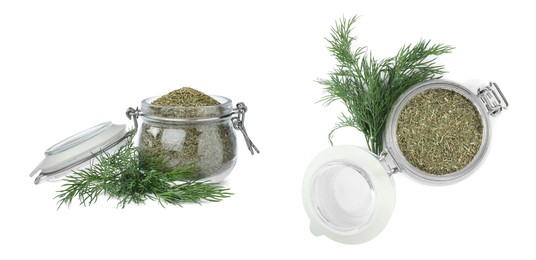 Image of Jars with dry and fresh dill on white background. Banner design