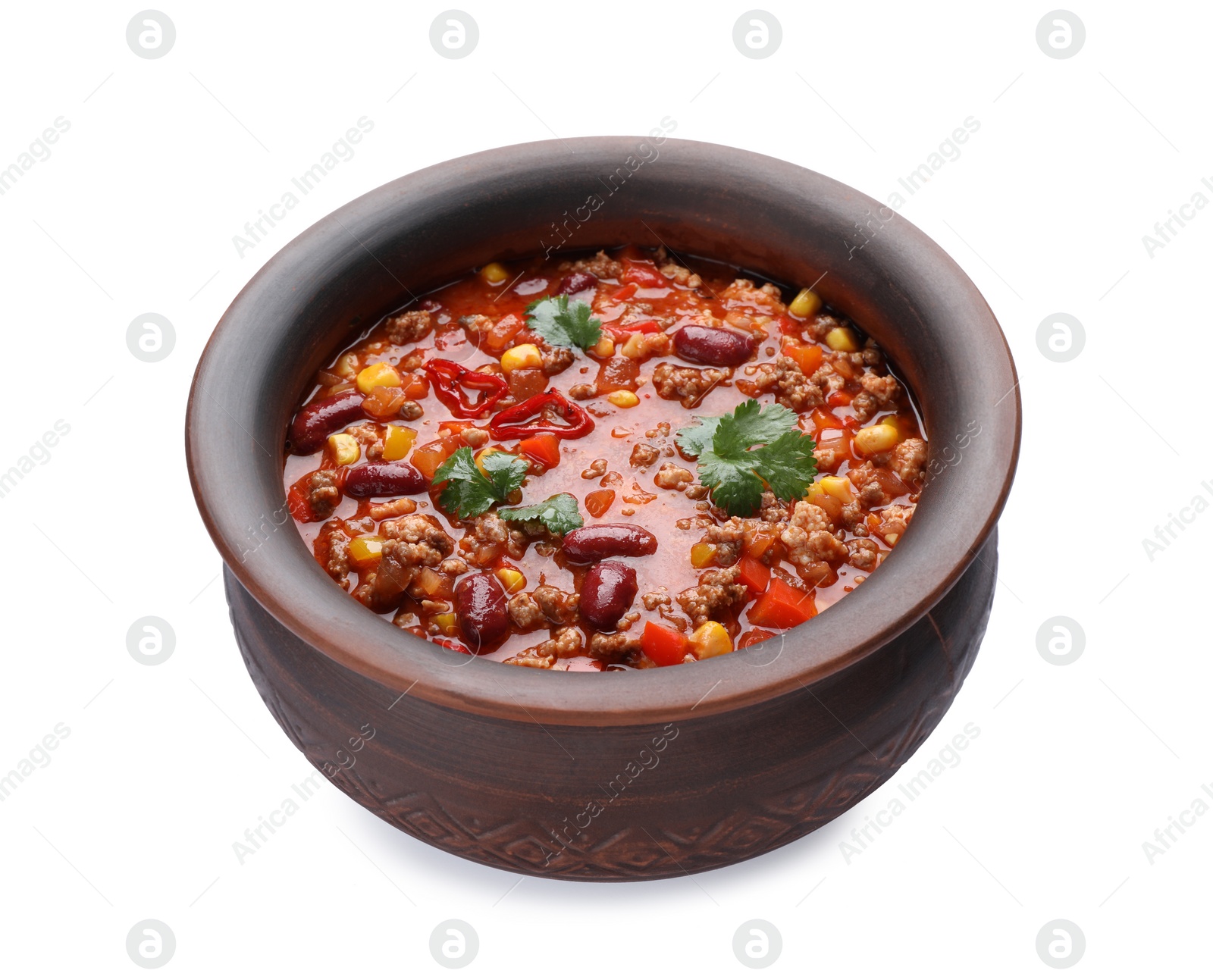 Photo of Bowl with tasty chili con carne on white background