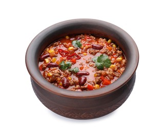 Bowl with tasty chili con carne on white background