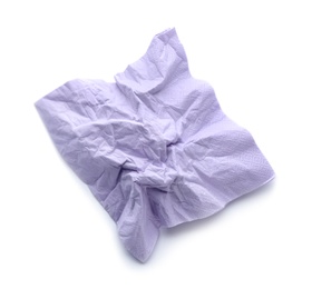 Photo of Crumpled paper napkin on white background, top view