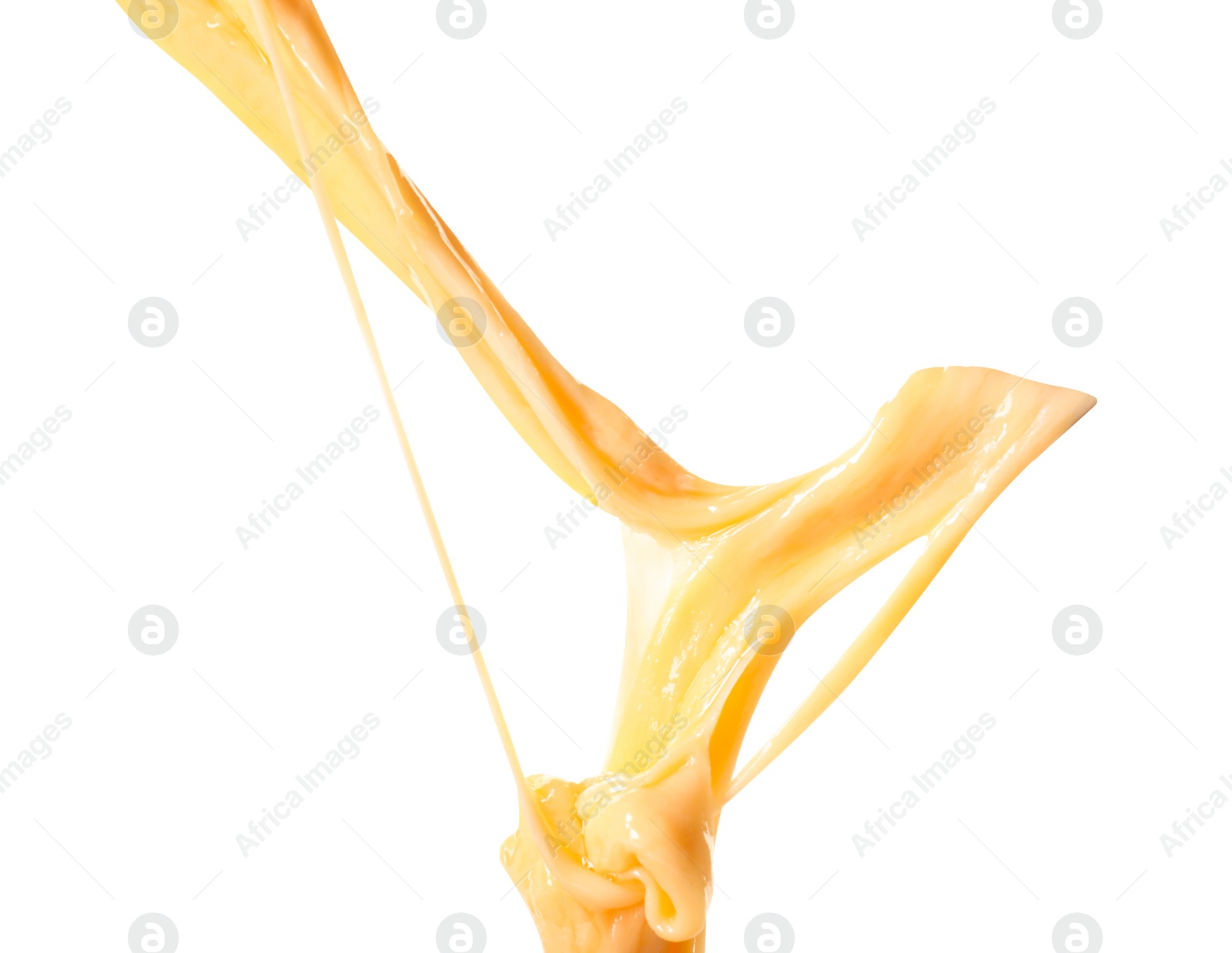 Photo of Stretching delicious melted cheese isolated on white