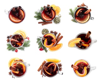 Image of Set of aromatic mulled wine on white background, top view