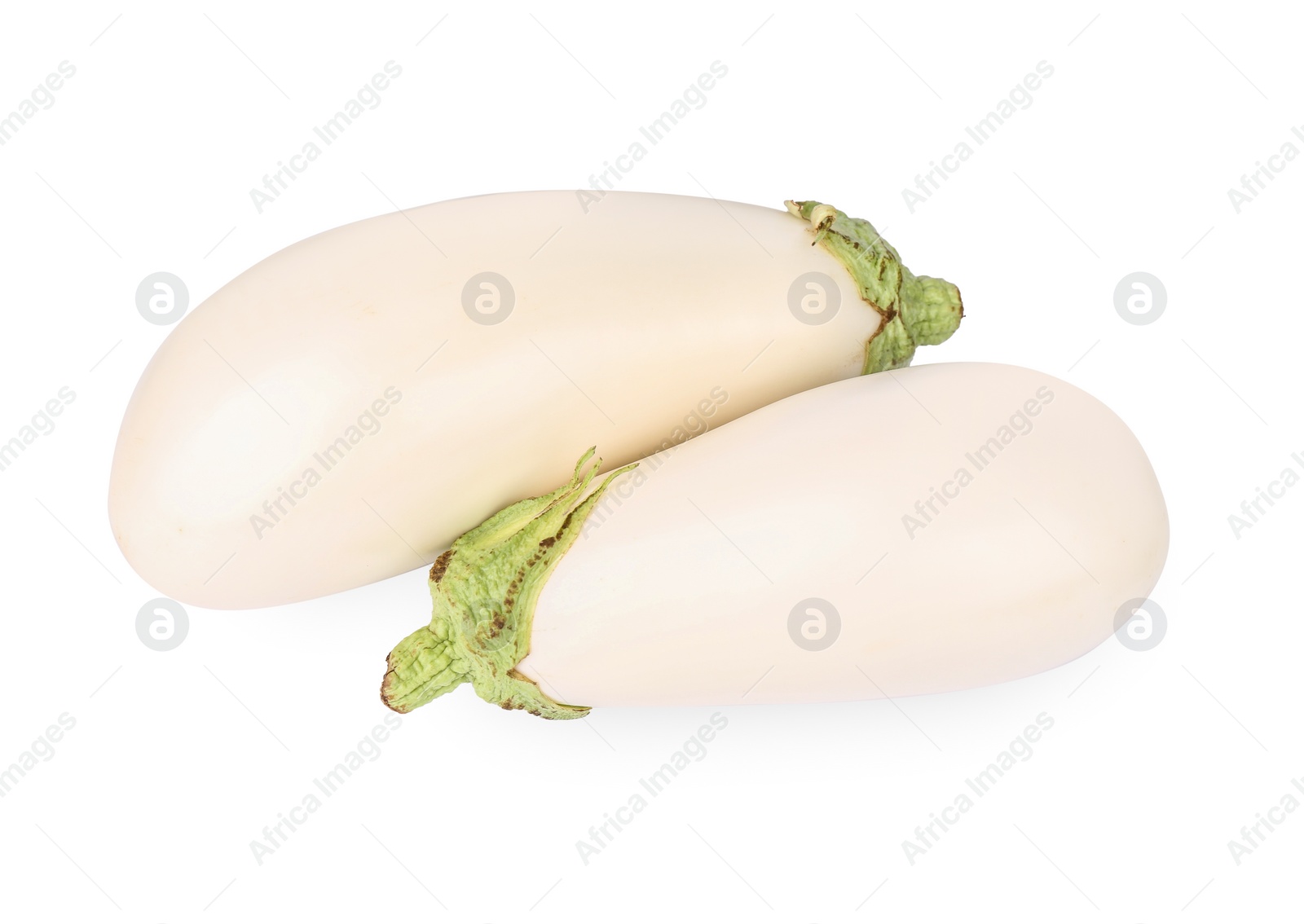 Photo of Two fresh white eggplants isolated on white