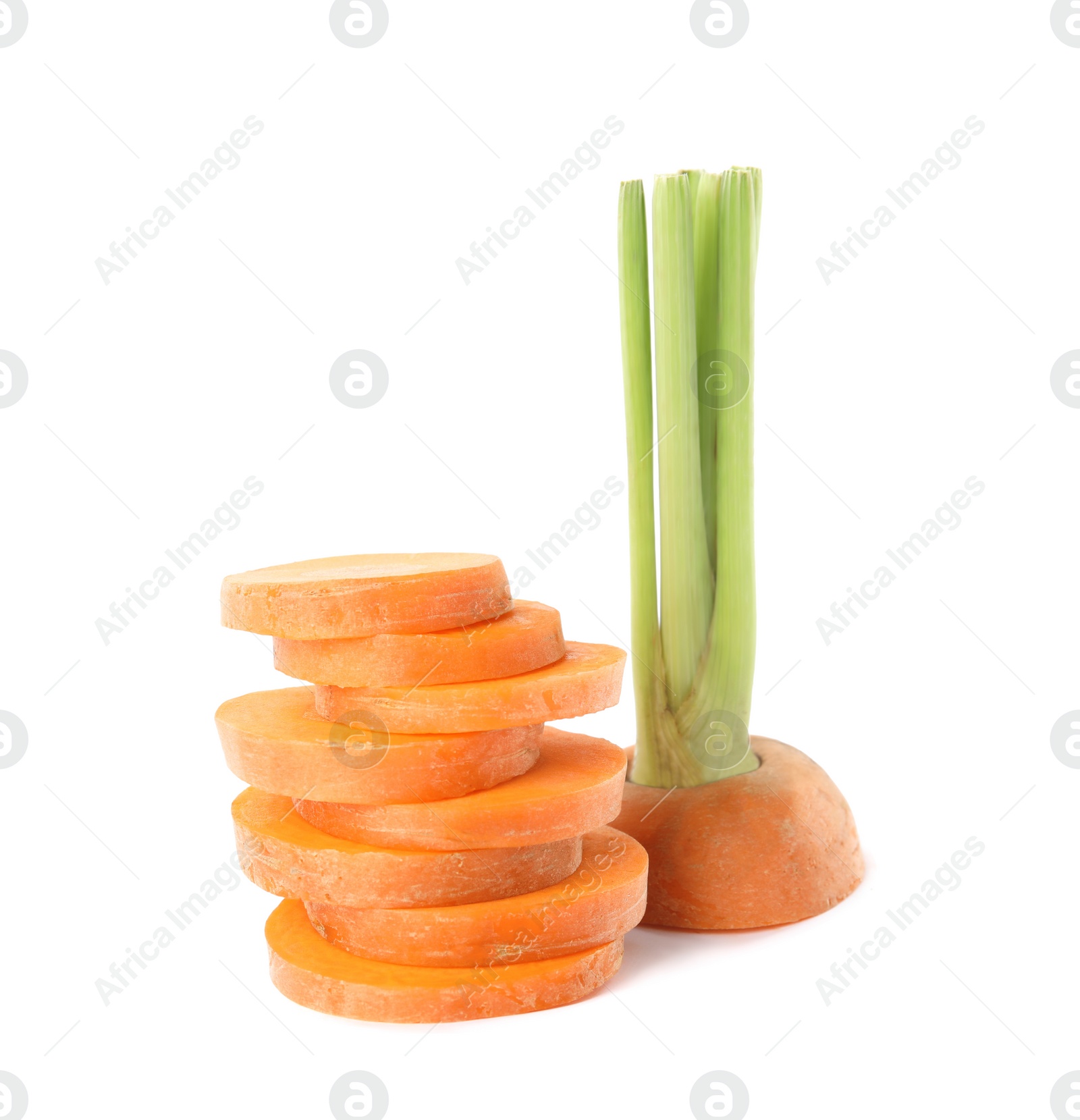 Photo of Slices of fresh ripe carrot isolated on white