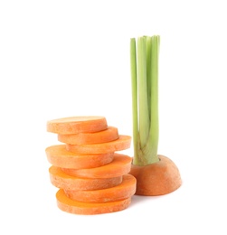 Photo of Slices of fresh ripe carrot isolated on white