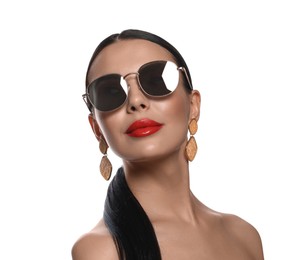 Photo of Attractive woman in fashionable sunglasses against white background