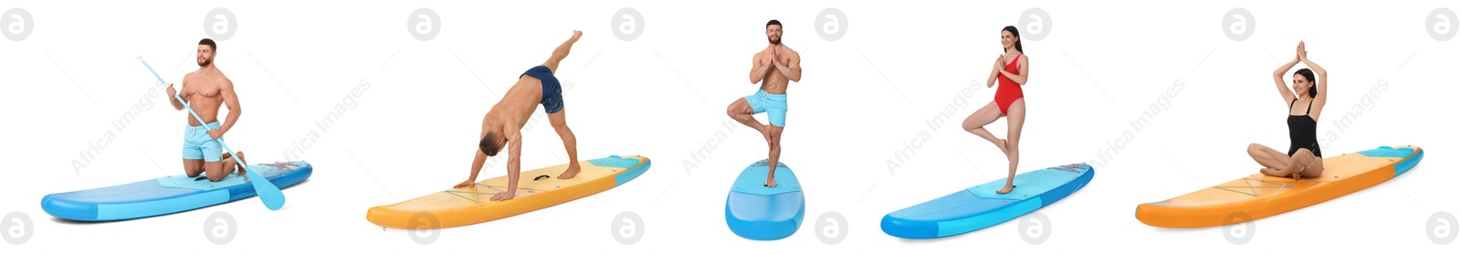 Image of Collage with photos of young man and woman practicing yoga on sup boards isolated on white