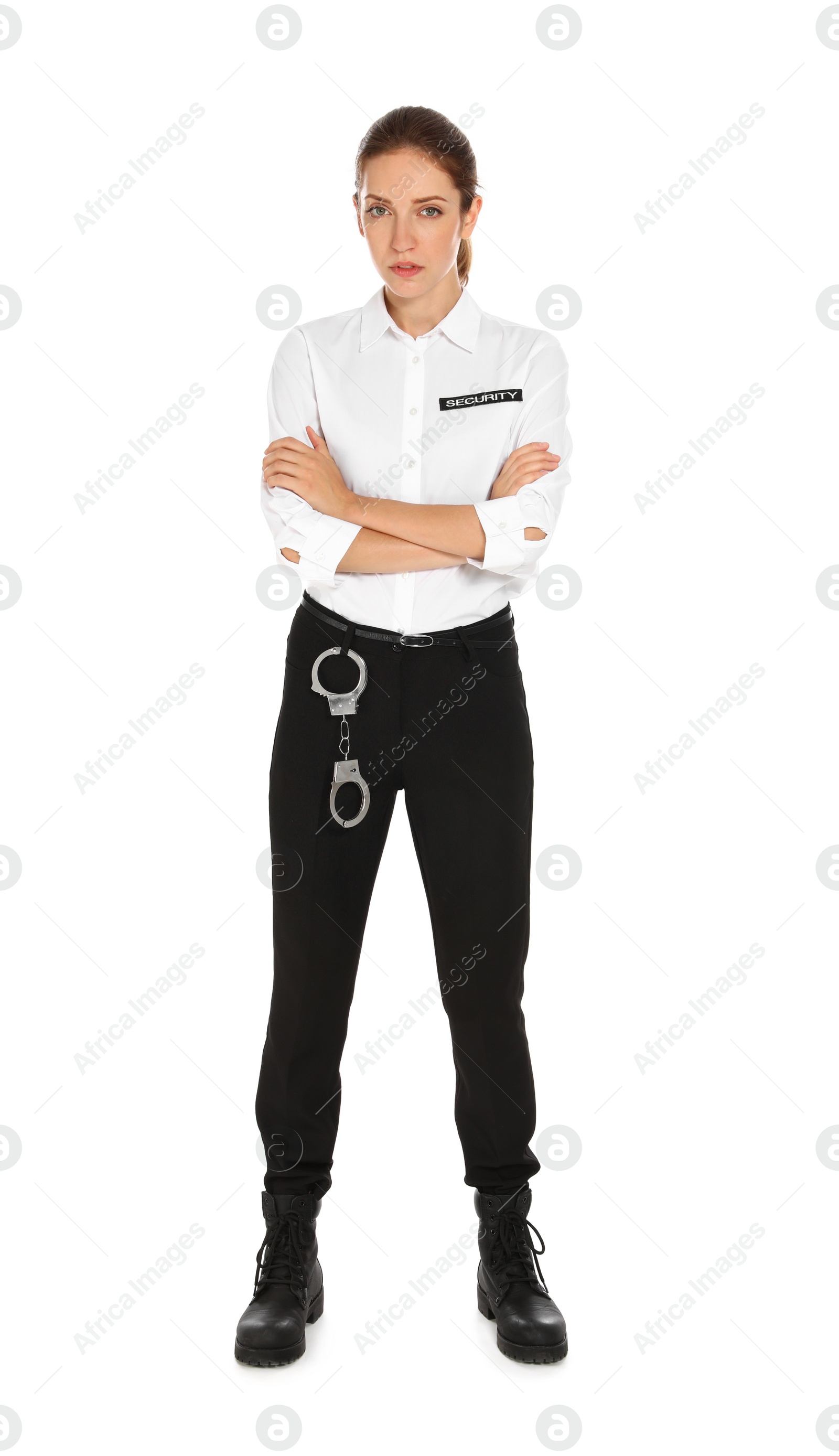 Photo of Female security guard in uniform on white background