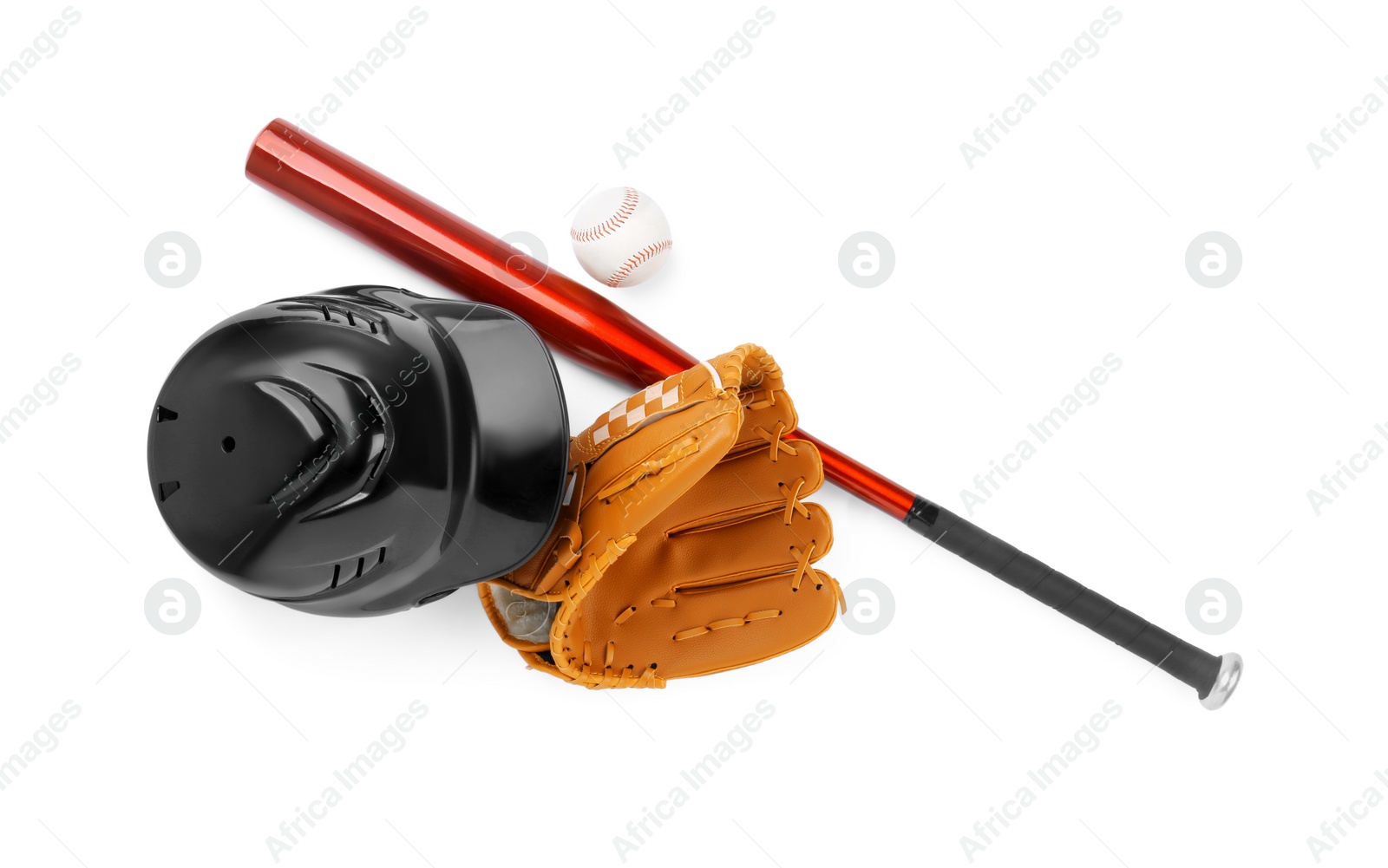 Photo of Baseball glove, bat, ball and batting helmet isolated on white, top view