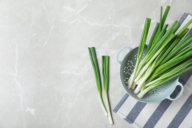 Flat lay composition with fresh green onion on marble background. Space for text