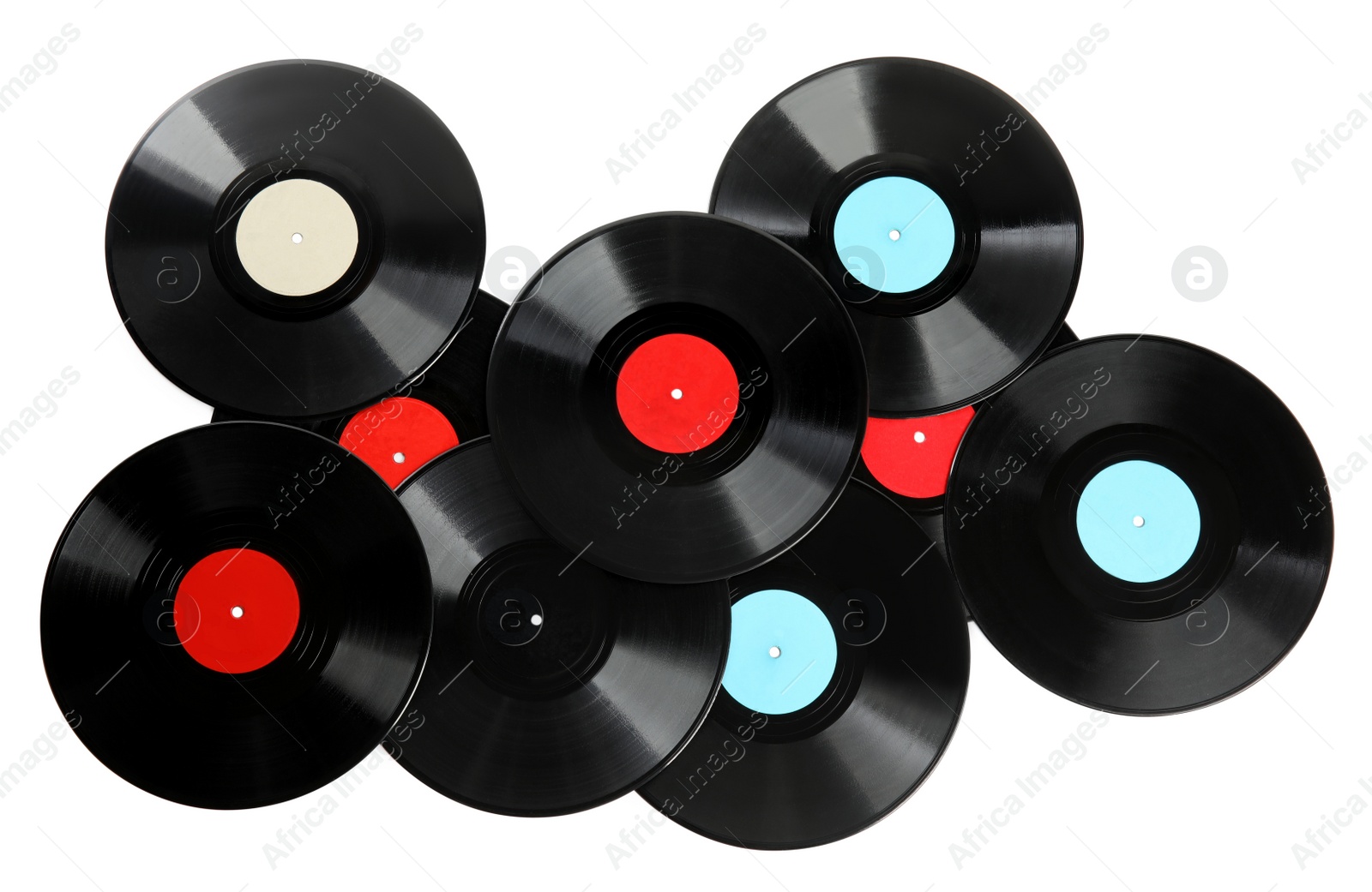 Photo of Vintage vinyl records on white background, top view