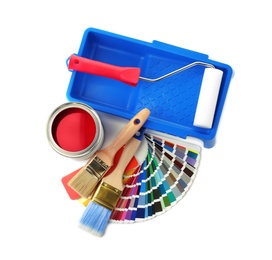 Photo of Set of painting tools on white background, top view