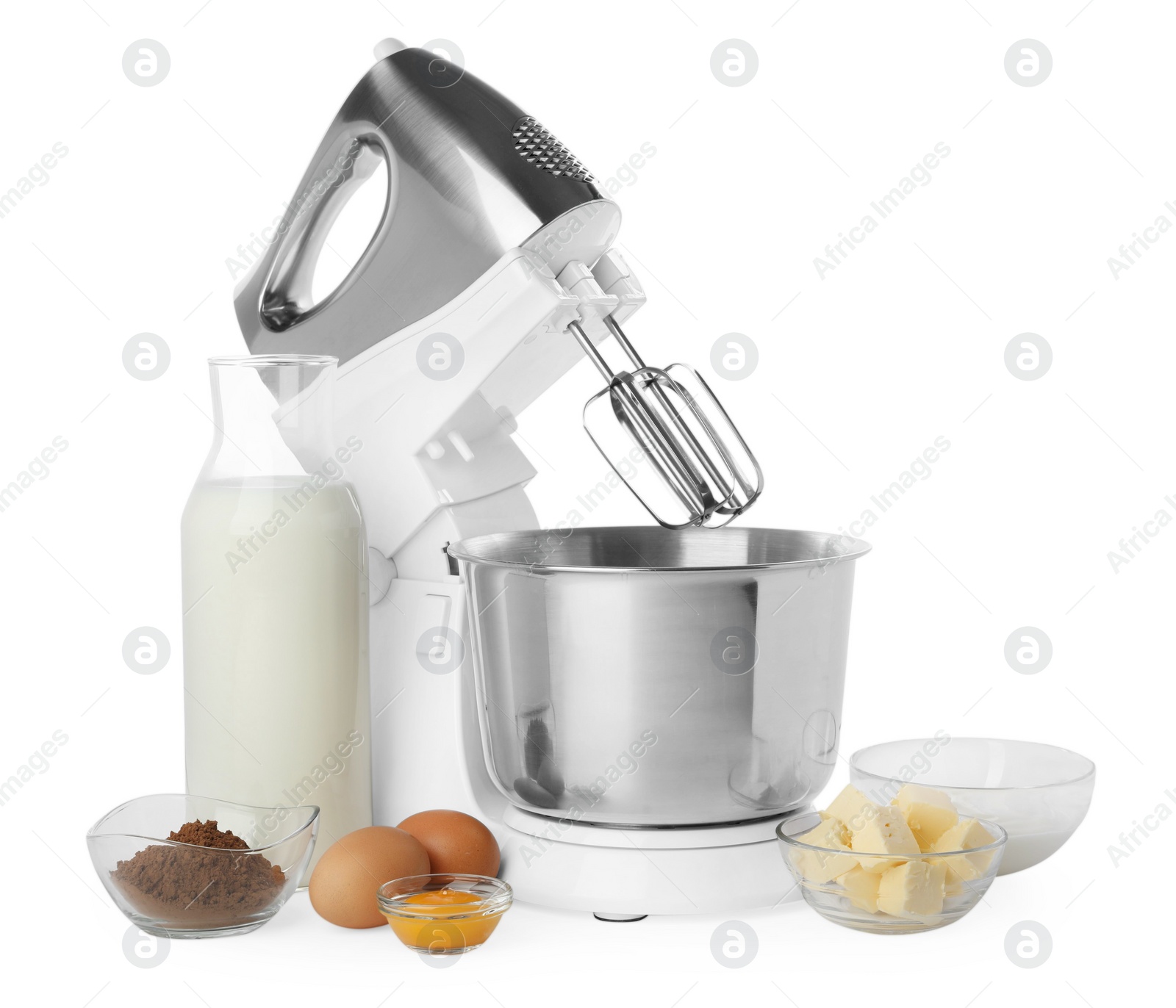 Photo of Stand mixer and different ingredients for dough isolated on white