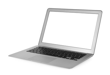 Photo of Modern laptop with blank screen isolated on white